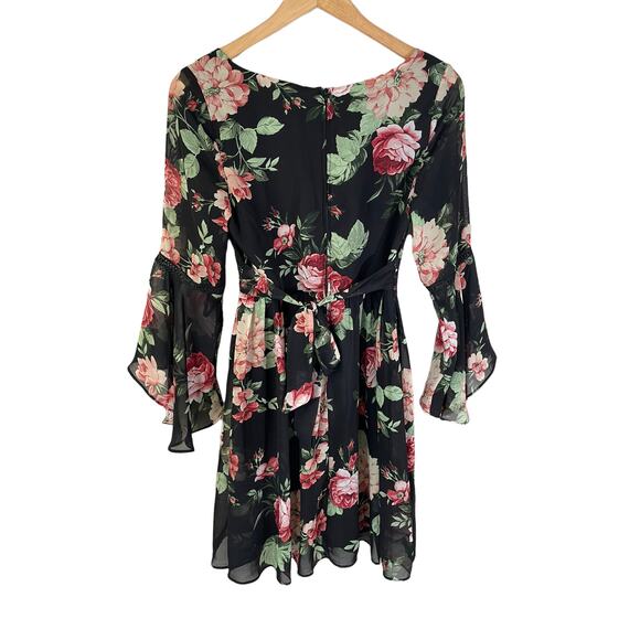 Y2K BCX Babydoll Sheer Bell Sleeve Floral Mini Dress Black Multi 3 Whimsigoth - Picture 2 of 12